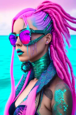 mermaid cyberpunk some fish scales on face pink hair dreadlock sunglasses gem in front