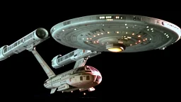 a screen capture from a star trek movie of a battle-damaged starship enterprise IN the year 2380 IS IN A BATTLE with monster ufos sci-fi meticulous, highly-polished, photorealistic, studio production, intricately detailed, GALACTIC, directed by gene Roddenberry,