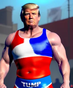 Realistic image of Donald trump wrestler, Mexican wrestling style, eye line, red and blue breeches, glow us flag dress, suspenders, retro style, 80s, vibrant color, highly detailed, clean background, concept art, unreal engine 5, god rays, ray tracing, RTX, lumen lighting, ultra detail, volumetric lighting, 3d, finely drawn, high definition, high resolution.