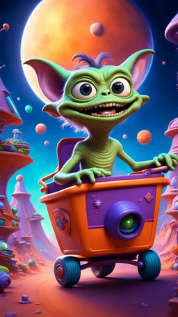 big ass space repugnant hairy alien gremlin in tiny cart floating around in space among weird living space camper ship driving down weird twisted track, spell jammer, Pixar-inspired, expertly crafted in a whimsical and vibrant cartoon style. is masterfully rendered in a lifelike 3D design, which captivates viewers with there irresistible charm. The background is filled with warm, inviting colors and a 3D render, creating a cinematic. depth of field