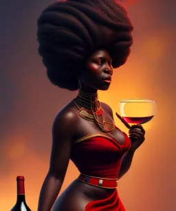 Negra Francisca, beautiful, curvy body, African slave, simple red fabric dress, long black hair, red headband, head and shoulders portrait, holding glass of wine, 8k resolution concept art portrait by Greg Rutkowski, Unreal Engine 5 volumetric lighting