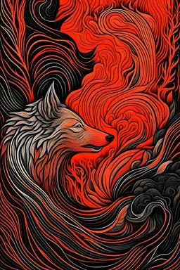 one of our favorite pieces of film art to date, in the style of intricate psychedelic landscapes, dark orange and silver, hyper-realistic animal illustrations, simplistic vector art, anamorphic art, flowing lines, fawncore