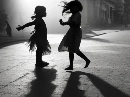 children playing on the indian street capture them against the sun and make an art silhouette, details, sharp, black and white 8k