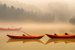 Red Boats on yellow river china in misty morning