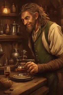 [coffee] In the Green Dragon, the smiling hobbit worked behind the bar. Though small in stature, none was more joyful in service. His eyes, bright as sunrise and always upturned in mirth, inspected beans from distant lands. From the machine poured drinks like liquid gold. Each shot drew from him a chuckling sniff, scents of exotic hills filling his head. With care he textured cream, lips still smiling as lofty peaks crowned. Patrons gathered round pots steaming, laughter echoing as in a hobbit-h