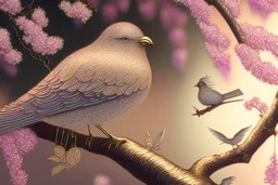 An image of a crystal bird covered in gold etching and diamonds, perched on a branch of cherry blossoms. The scene is illuminated by a soft, ethereal light, enhancing the intricate details and textures of the bird and the surroundings. The art style is detailed, realistic, and captures the magical essence of the scene, trending on ArtStation. The composition combines elements of classical elegance and modern fantasy, reminiscent of the masterful works elegant fantasy intricate high