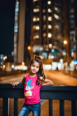 Little 6 years old beautiful girl perfect face,1girl wearing a pretty shirt and jean pant, standing pose,modern city ,night view