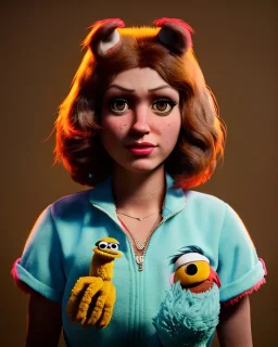 Portrait, waitress woman with monster muppet mask that covers her entire head, retro style, Sesame Street style, sweet, smooth, unreal engine 5, god lights, ray tracing, RTX, lumen lighting, ultra detail, volumetric lighting, 3d.