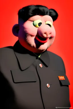 Waist up muppet Portrait, Kim Jong-un as muppet doll, black suit, photo studio, red background, unreal engine 5, concept art, art station, god lights, ray tracing, RTX, lumen lighting, ultra detail, volumetric lighting, 3d.