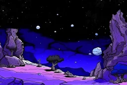 A violet park in outer space with satellites designed in Lascaux cave paintings painted by Pablo Picasso