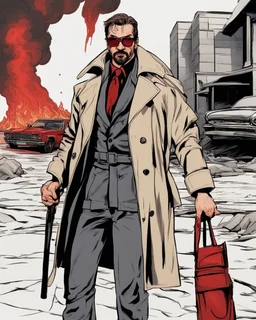 a young man with big muscles who looks like hans gruber wearing a trench coat and red sunglasses staring with an irritated look on his face standing in front of a fire