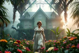 Victorian green open house overtaken by jungle, exotic birds nesting in iron rafters, morning mist, lost paradise atmosphere,a pretty model lady in victorian clothing walking in flowers to camera that capture closeup full body shot of her majesty.
