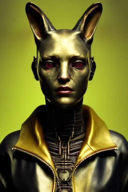 Medium Close Up Portrait, Front image. cyberpunk, rabbit mask, sweet woman, gold hair. Leather, feather suit. Yellow, red, color. Tim burton style. Color background, photo studio. Avatar image, highly detailed, concept art, smooth, unreal engine 5, ray tracing, RTX, lumen lighting, ultra detail, volumetric lighting, 3d, finely drawn, high definition, high resolution.