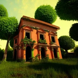 Abandoned baroque building, overgrown, trees statues, fallen roofs, highly detailed, octane render.