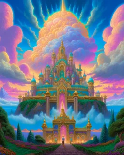 a photorealistic detailed cinematic image of a beautiful vibrant iridescent future for human evolution, spiritual science, divinity, utopian, cumulus clouds, ornate architecture, isometric, by david a. hardy, kinkade, lisa frank, wpa, public works mural, socialist