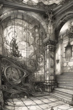 panorama, zodiac signs, filigree, swirling chaos in the Baroque style of the interior, mysticism, dramatic atmosphere, overdetalization, drawing details with ink