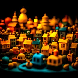 Odd dada village made of modeling clay, odd, block colours, houses, naïve, Tim Burton, Harry Potter, surreal landscape, sharp focus, colorful, stars and planets, bokeh, 8k, highly detailed, large format film, medium format film, shot on Hasselblad