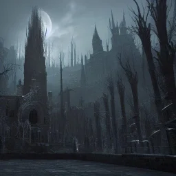 hyper realistic barren Bloodborne cityscape at night