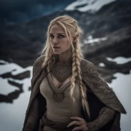 Behold the powerful alluring and pretty blonde barabarian woman, her body adorned with with runes, in the middle of the alps. intricate details, HDR, beautifully shot, hyperrealistic, sharp focus, 64 megapixels, perfect composition, high contrast, cinematic, atmospheric, moody