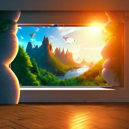 desk, parquet, sheet of paper, little pen, in front of a huge picture window with large view on a waterfall with warm light, sunset ,pixar style, panorama, nature, globe, HD, Hallelujah mountains