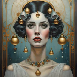 Grande peinture en couleur d'un visage de femme avec des cloches sur un mur, l'esprit de Klimt et Tom Bagshaw, ce tableau est une grande toile, art déco réaliste, grand tableau, Mark Brooks et Brad Kunkel, beauté d'une femme dans l'art nouveau, art élégant, art nouveau hyperréaliste, grand art sur toile, Women Art, par John Keane, Art Déco Painting, Art. Art Déco