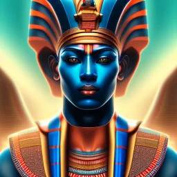 3D close-up of a Egyptian god Osiride, high contrast, glowing backlighting, blue and red backlighting, vibrant hair, dark brown eyes, sharp focus, face painting, background blur.