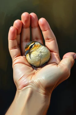 Bosch paint style in oil painting style of a bird peacefully sleeping in an open hand , The bird fathers harmonies with the scene, that blend with the warmth of the hand, contrasting with natural hands skin