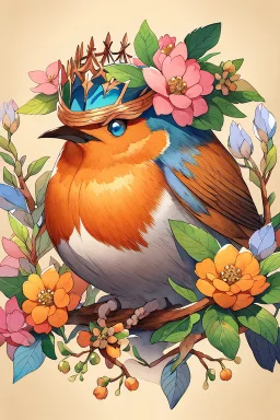 This enchanting, extremely detailed watercolor features a 3/4 closeup portrait of a vibrant Robin, adorned with flowers and a foliage crown, setting on a branch against a heavily textured beige background. nature and whimsy in a botanical style. The piece boasts warm orange and cool blue hues. .
