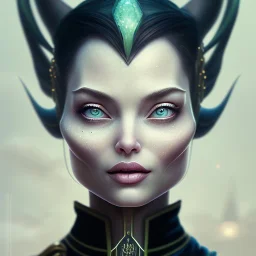 Portrait of old wiched " enchantress Morgan" with and mid-12th century elegant apparel.extremely detailed face,black clear Big eyes,perfectly centered image,intricate detail.korra character face style.and Kilian Eng art color. with black maleficent style horns