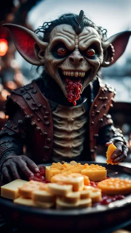 portrait of a vampire werewolf gremlin with mustage eating cheese doodles and the blood of fish on a viking ship, in the style of Giger,bokeh like f/0.8, tilt-shift lens 8k, high detail, smooth render, down-light, unreal engine, prize winning