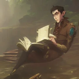 full body shot of calm elf in brown suit reading a pompous book, fantasy character