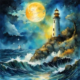 lighthouse landscape splashy Watercolor, by Josephine Wall, Pascal Campion, by Carne Griffiths, harvest moon, chaotic cinematic pastel colors, expansive, UV reactive blacklight, perfect Wide long-shot visual masterpiece, splash art, dramatic stormy night, lighthouse beacon light glare effect