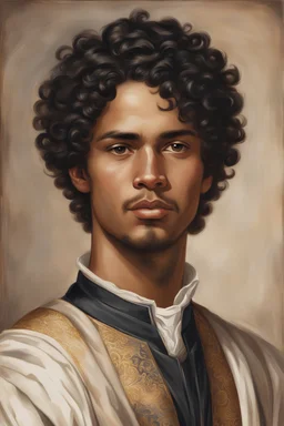 mulatto young man, with wavy short black hair and brown eyes dressed in an aristocratic tunic