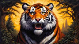 acrylic illustration, acrylic paint, oily sketch, cursed (tiger-Eagle), hybrid, detailed, by [Todd Schorr | Iryna Yermolova | Conor Harrington]