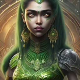 fantasy setting, insanely detailed, dark-skinned woman, indian, black hair, green hair strand, green lock of hair, green strand of hair, green curl of hair