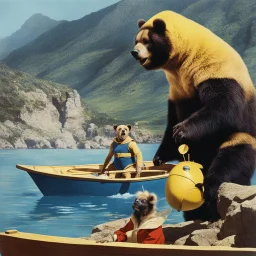 [Jason and the Argonauts (1963)] super bear in the jun with a blue costume and a companion giant bee, in a boat