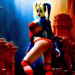 Drawing of beautiful face,'beautiful booty ,Busty Harley Quinn',intense stare, ancient skintight armor, balanciaga fashion clothe painting by gaston bussiere, greg rutkowski, yoji shinkawa, yoshitaka amano, tsutomu nihei, donato giancola, tim hildebrandt, Oil on canvas, cinematic composition, extreme detail,fit full head inside picture,16k