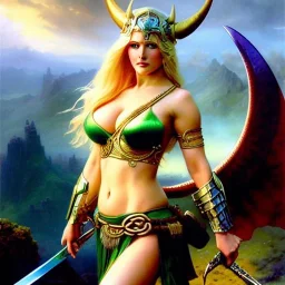 portrait 'beautiful Sexy Busty Blonde Sif',long hair,horned helmet, celtic tattoed,crystal clear green eyes,painting by gaston bussiere, greg rutkowski, yoji shinkawa, yoshitaka amano, tsutomu nihei, donato giancola, tim hildebrandt, oil on canvas, cinematic composition, extreme detail,fit full head inside picture,32k