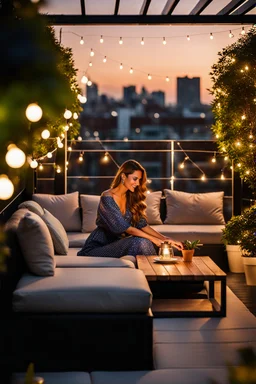 Middle shot from a beauty lady is sitting on the sofa in a nice shiny dress and enjoying the evening atmosphere. , a Roof terrace with sofas, one poof a small table with cocktail and potted plants. The area is lit by string lights, cozy atmosphere. the illuminated terrace and the view of the big city in the background makes this environment relaxing and spectacular. high detalied, cinematic