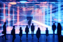 blurred people shadows walking in a big transparent computer screen hologram rectangle perspective tunnel, technology futuristic city chart hologram, in a technologies digital background, geometric futuristic fantasy photo realistic technology city, LED magical lighting, dark technology background, deep dark luminescence rich colors by Gustav Klimt, Antonio Gaudi, greg rutkowski, Earth planet galaxy fantasy, magical abstract transparent fantasy, abstract luxury, minimalist abstract geometric