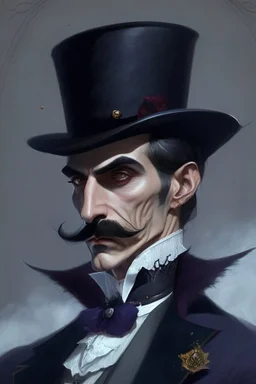 Strahd von Zarovich with a handlebar mustache wearing a top hat thinking deeply