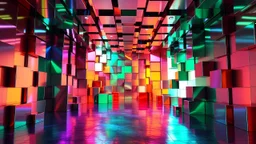 a open stage made of recursive 3d cubes structures made of metallic random color miror surface cubes , pertty artistc background