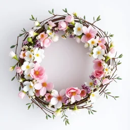 A hyper-realistic photograph of spring flowers and willow branches arranged in a wreath, top view composition, natural and soft mood, photorealistic style, macro photography, spring nature background, diffused natural lighting, pastel and fresh tones, ultra high resolution --ar 16:9