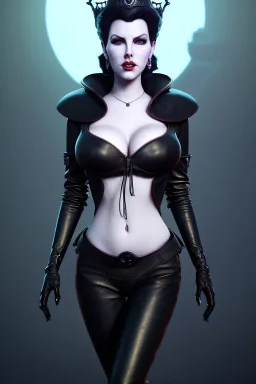 Lana Turner as evil queen in black leather, leather, busty, cleavage, angry, stern look. character design by cory loftis, fenghua zhong, ryohei hase, ismail inceoglu and ruan jia. unreal engine 5, artistic lighting, highly detailed, photorealistic, fantasy