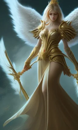 Female angel with beautiful perfect face, big fire wings and golden crown floating above the ground in the dark enviroment, anatomically correct, michelangelo style, detailed, world of warcraft style, dark forest, trees, painting, brush strokes, 8k, dark forest in the background, dramatic camera view