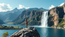 a picture of natural landscape that includes majestic mountains and a serene countryside. Additionally, incorporate details about a stunning, large waterfall that enhances the beauty of the scene. The output should be structured as a narrative, painting a clear image with rich, descriptive language that evokes the sights and sounds of this beautiful environment water fall falls to a big sea with modern ship in it.a fullbody lady in One Piece - Athletic Swimsuit,standing over a rock at hight