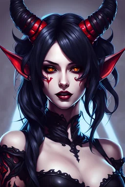 create a female succubus, goth, anime, demon, highly detailed and sharply defined feminine features, do not cut off top of image