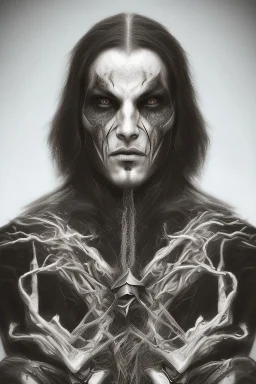 Symmetric portrait of a man with black metal facepaint , looking like Seth Siro Anton from Septicflesh