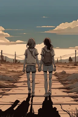 yakın 2 kız arkadaş 2D uzak uzaktan görünüm poz veriyorlar the walking death tarzı