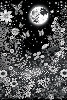 Create an enchanting line art of a moonlit garden filled with whimsical flowers, delicate fairies, and softly glowing fireflies. Craft intricate details that add to the magical atmosphere of the scene. , including shades of midnight to evoke a sense of tranquility and beauty as you bring this mystical garden to life . for colouring book